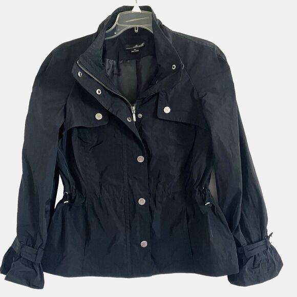 WILLI SMITH M Solid Black Trench Jacket Zip Snap Pockets Epaulettes All Purpose - Picture 1 of 8